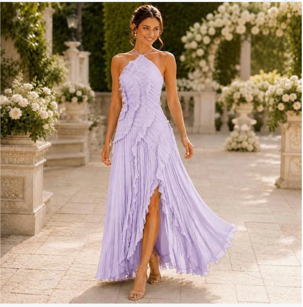 Halter Neck Ruffled Pleated Maxi Dress, Sleeveless Chiffon Asymmetric Hem